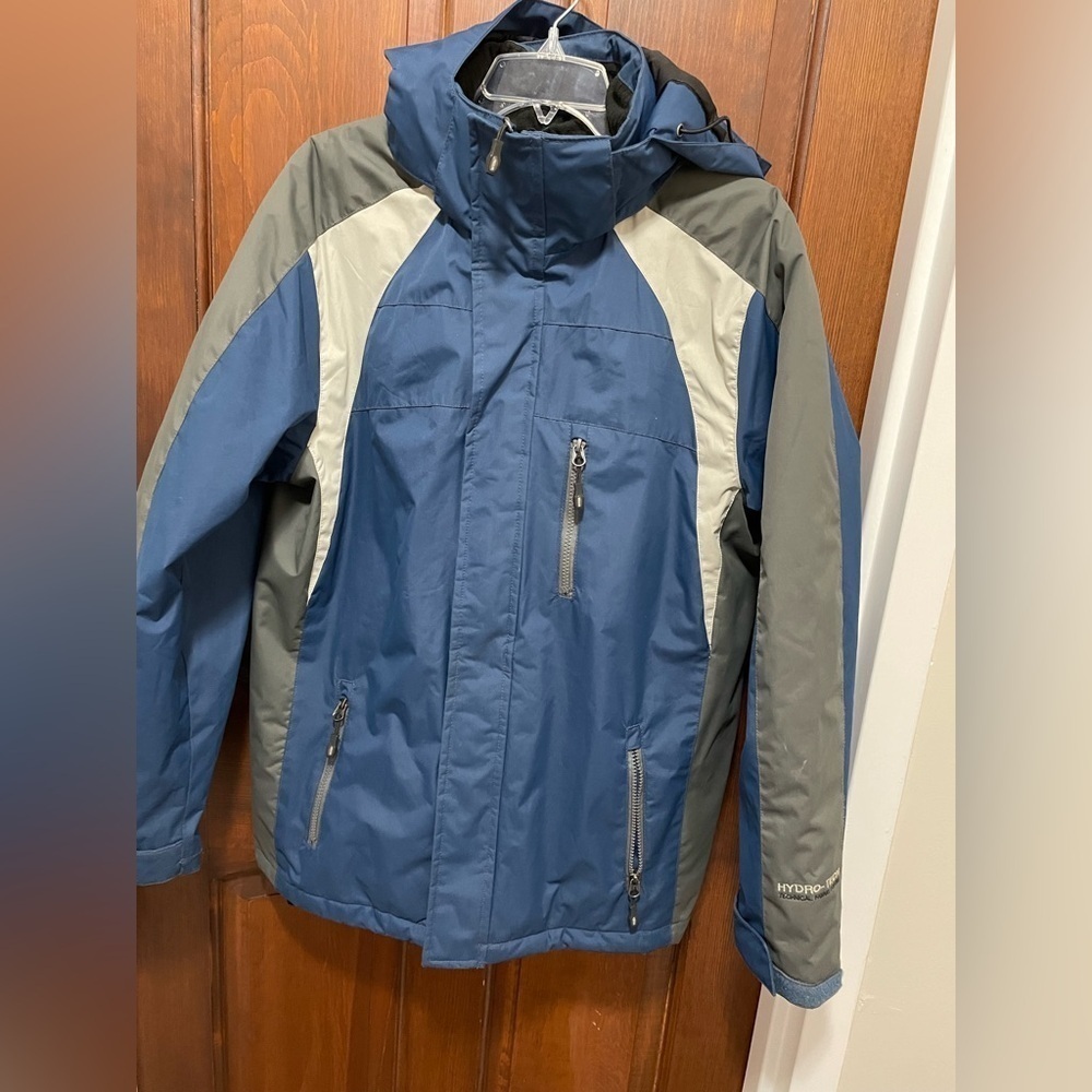 Weatherproof 32 heat men’s Hydro Tech Jacket size small blue and gray with hood